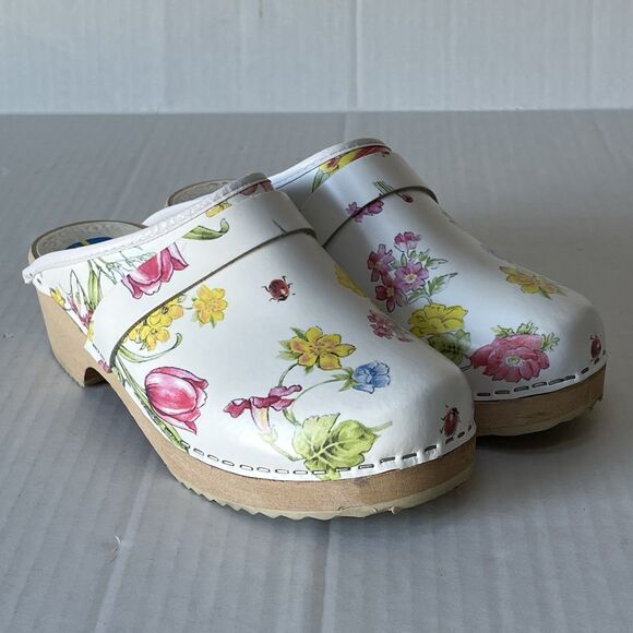 Swedish Svensk Fotriktig Tratoffel White Leather Floral Slip On Wooden Clogs 37 - Picture 4 of 11